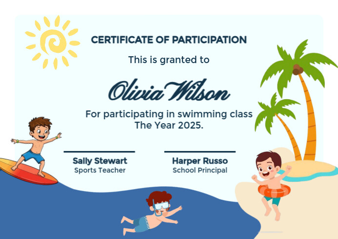 Modern & Minimal Orange Blue Playful Kids Swimming Class Participation Certificate A4 template