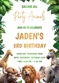 Modern & Minimal Party Animals Birthday Invitation A1 template