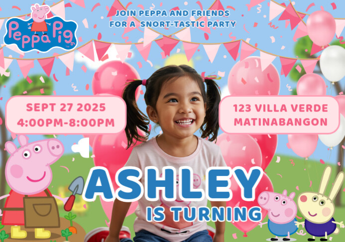 Modern & Minimal Pink Peppa Pig Birthday Invitation A5 template