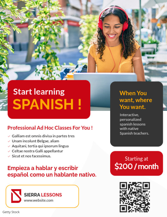 Modern & Minimal Red And Orange And White Geometric Minimal Language School Learn Spanish Classes Ad Flyer (US Letter) template