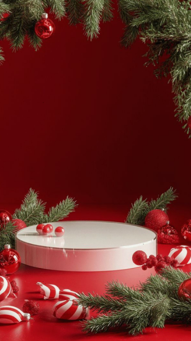 Modern & Minimal Red Christmas Background With Podium And Festive Decor Digital Display (9:16) template