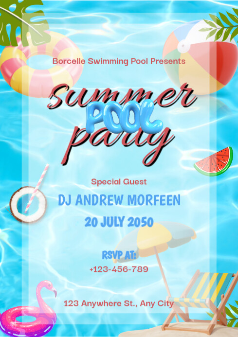Modern & Minimal Summer Pool Party Ad A4 template