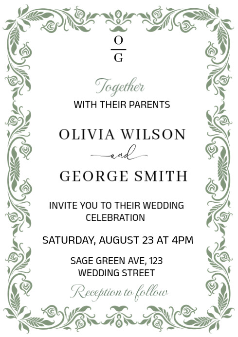 Modern & Minimal Victorian Sage Green Floral Wedding Invitation Template A4