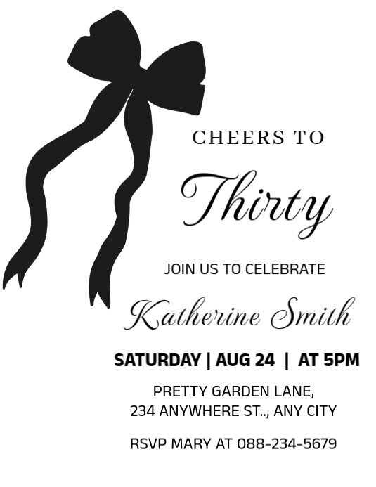Modern & Minimal Black Bow 30th Birthday Invitation  Flyer (us Letter) template