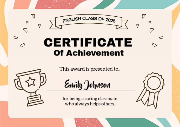 Modern & Minimal Colorful Classroom Certificate Of Achievement – Editable Template A4