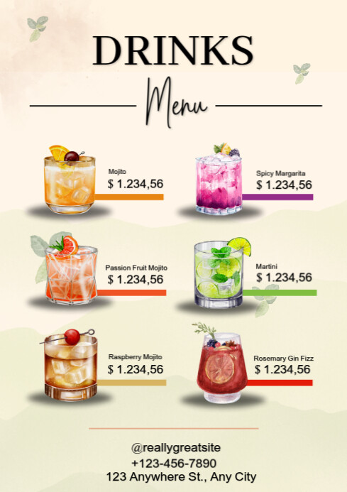 Modern & Minimal Drinks Menu A4 template