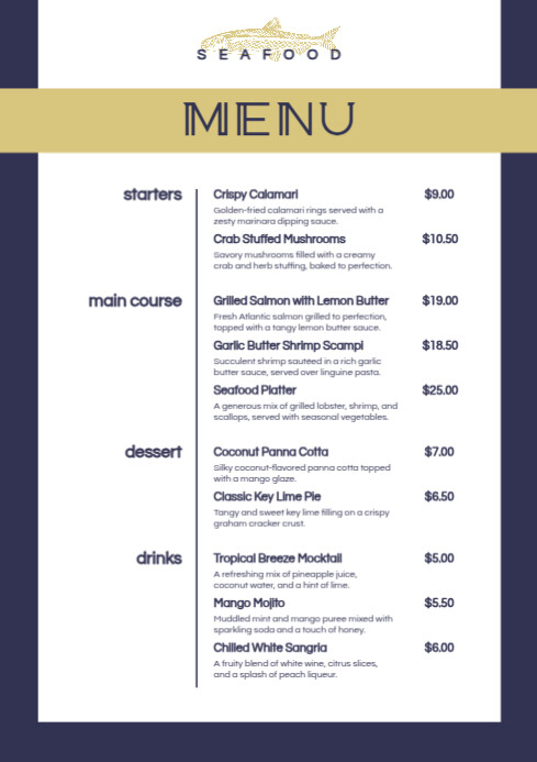 Modern & Minimal Elegant Seafood Menu A4 template