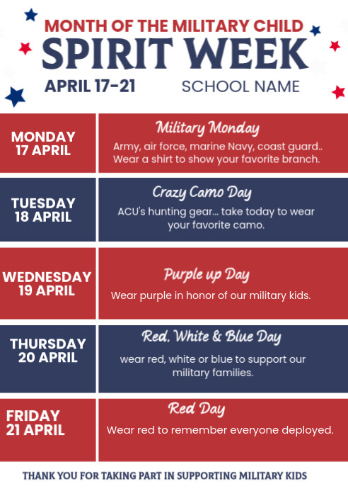 Modern & Minimal Month Of The Military Child Spirit Week A6 template