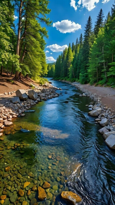 Modern & Minimal Peaceful Forest River With Clear Water And Green Trees Background Digital Display ( template