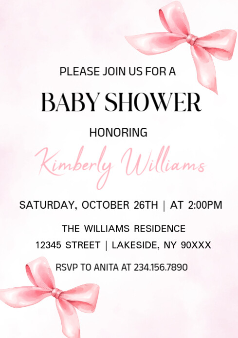Modern & Minimal Pink Bows Baby Shower Invitation  A4 template