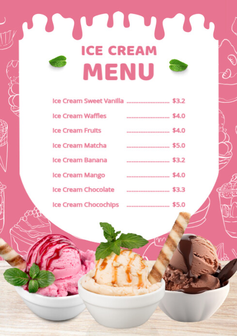 Modern & Minimal Pink Editable Ice Cram Menu  A4 template