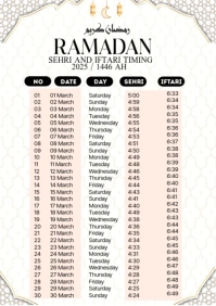 Modern & Minimal Ramadan 2025 Sehri Iftari Timing Calendar A4 template