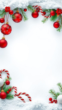 Modern & Minimal Red And White Christmas Border Background With Snow And Ornaments Digital Display ( template