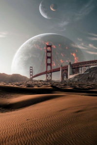 Modern & Minimal “apocalyptic Sci-fi Landscape – Futuristic Bridge And Burning Planet Background” Po Poster template
