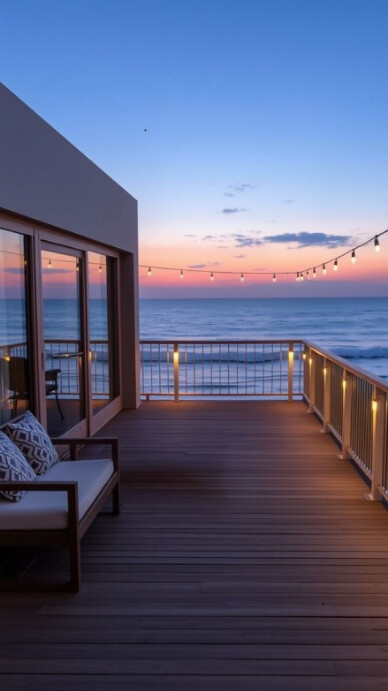 Modern & Minimal “luxury Oceanfront Deck Background | Sunset Coastal Escape” Digital Display (9:16) template