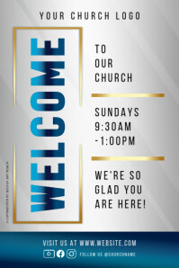 Modern Blue & Gold Sunday Service We're Glad You Are Here Church Welcome Sign Poster Cartaz template