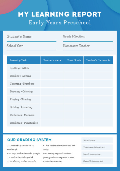 Modern Blue Learning Report Card Template | PosterMyWall