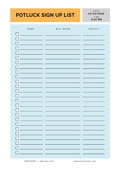 Modern Design Potluck sign up checklist sheet Template | PosterMyWall