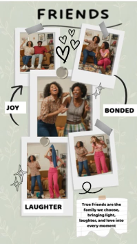 Modern Friendship board Collage Template Fun Photo Layout for Friends, Joy Laughter Memories cute Digitalt display (9:16)