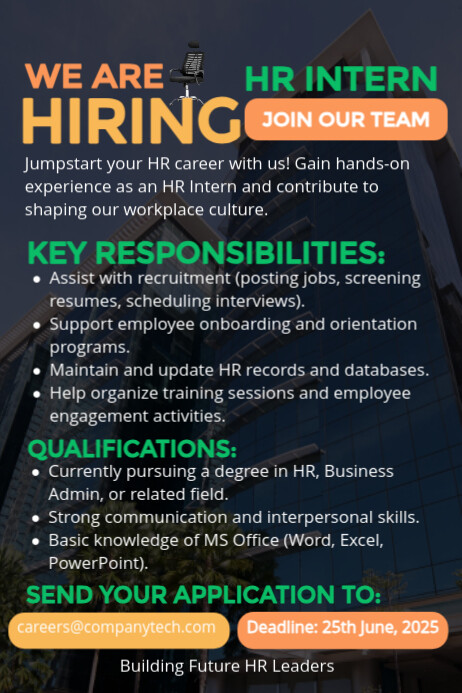 Modern HR Intern Hiring Poster Template - Editable Recruitment Flyer for Internships & Entry-Level