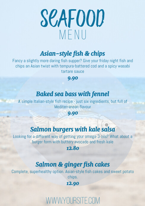 Modern menu seafood beach fish dishes card Template | PosterMyWall