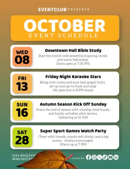 Modern Minimal October Autumn Fall Event Schedule Flyer Community Church Club Activities Instagram Pamflet (VSA Brief) template