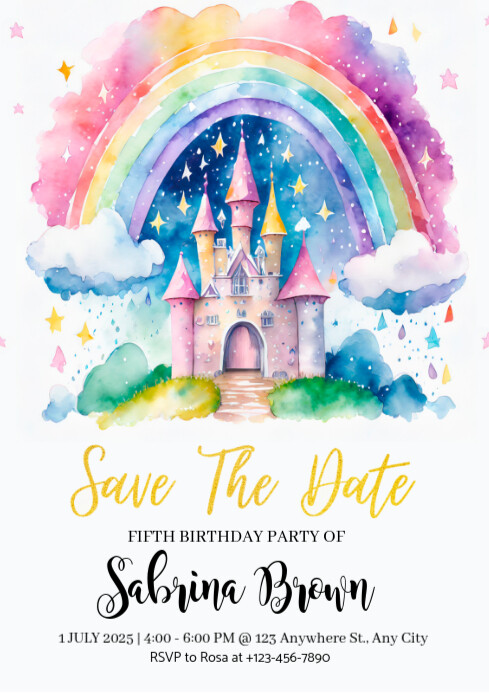 Modern watercolor colorful fairytale castle kids fifth birthday ...