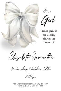 Modern White Bow Baby Shower Invitation Ishidi elingu 4' × 6' template