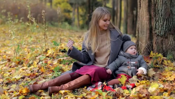 Mom Fall Post mom and baby sitting in autumn fall Template | PosterMyWall