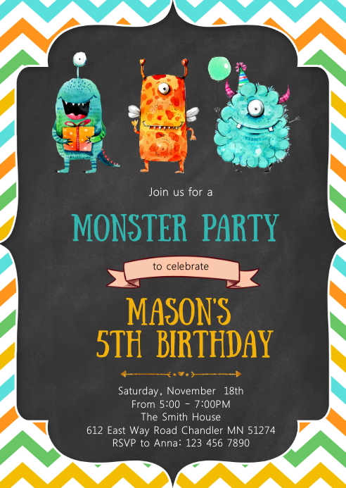 Monster birthday party invitation A6 template