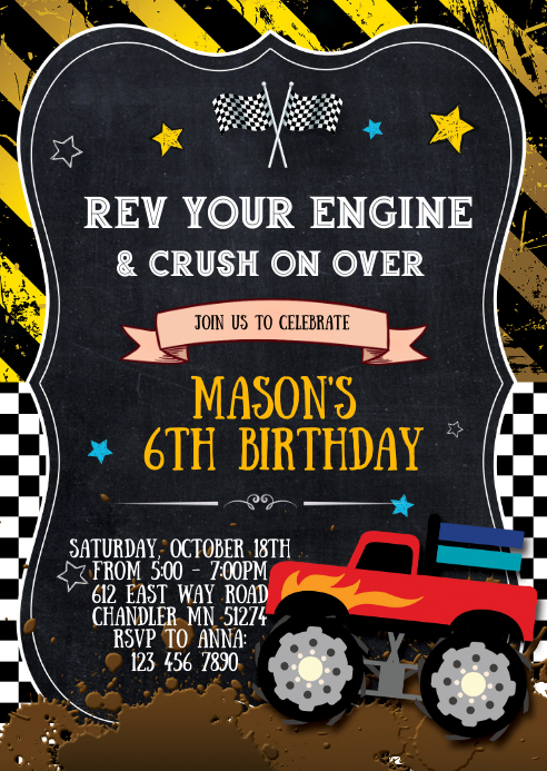 Monster truck  birthday party invitation A6 template