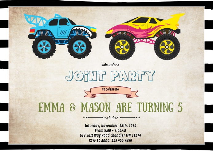 Monster truck joint birthday invitation A6 template