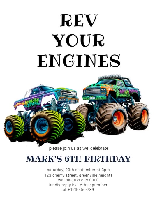Monster Trucks Birthday Invitation Template | PosterMyWall Monster Trucks Birthday Invitation Template | PosterMyWall