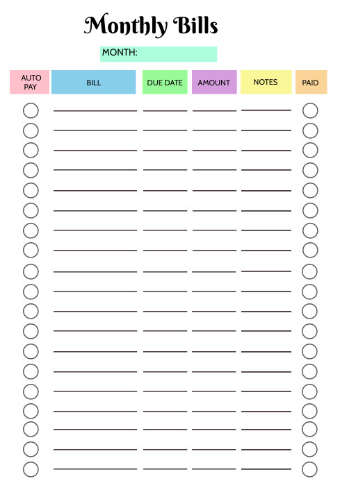 Blank Monthly Bills Template