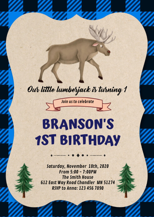 Moose Lumberjack Birthday Invitation A6 template