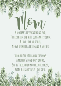 Mother's day leafy green greeting card | poem A5 template