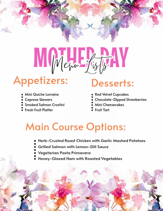 mother's day menu list flyer Pamflet (VSA Brief) template