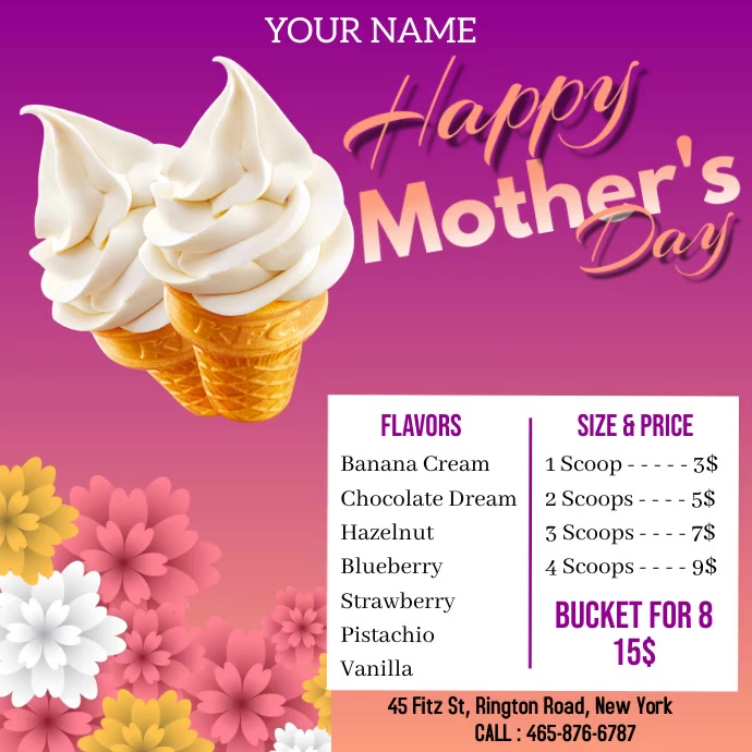 Mother's day, ice cream menu poster Wpis na Instagrama template