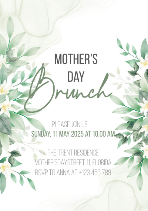 Mother's day brunch invitation with watercolor pink roses A5 template