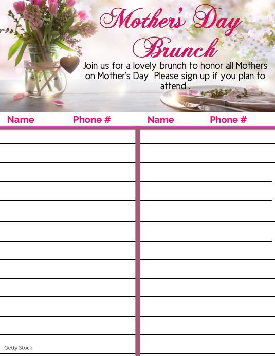 Mother's Day Brunch Party sign up sheet flyer template