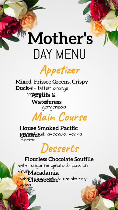 mother's day menu, mother's day, menu Ekran reklamowy (9:16) template