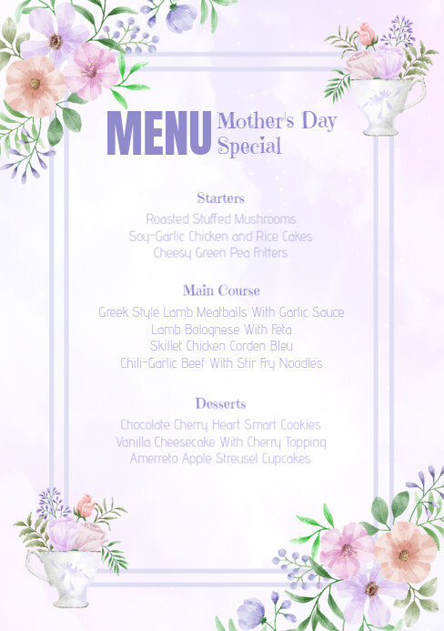 Mother's day menu card with Purple watercolor flower and teacup A5 template