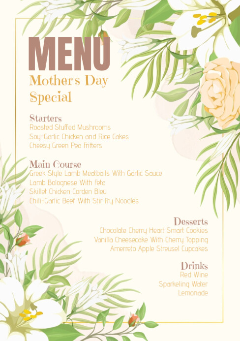 Mother's day special menu card with watercolor flower A5 template