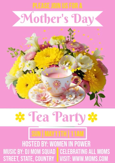 Pink Mother's Day Tea Party Flyer A4 template