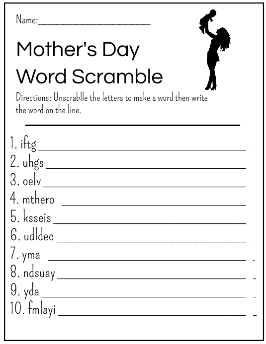Mother's Day Word Scramble Worksheet for Kids Template | PosterMyWall