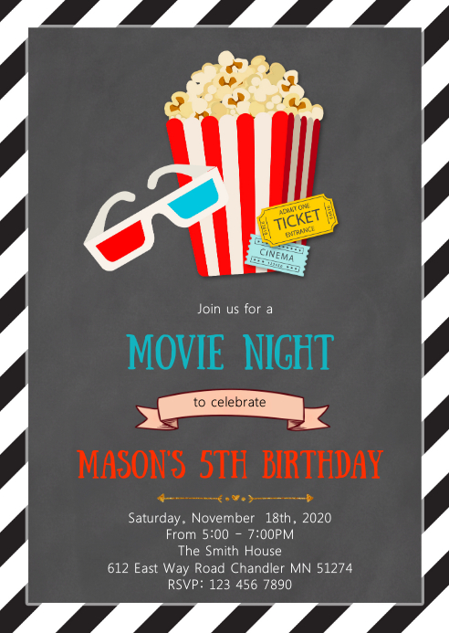 Movie night birthday party invitation A6 template