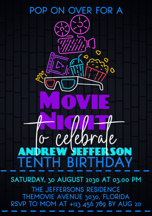 Movie night neon birthday party invitation Template | PosterMyWall