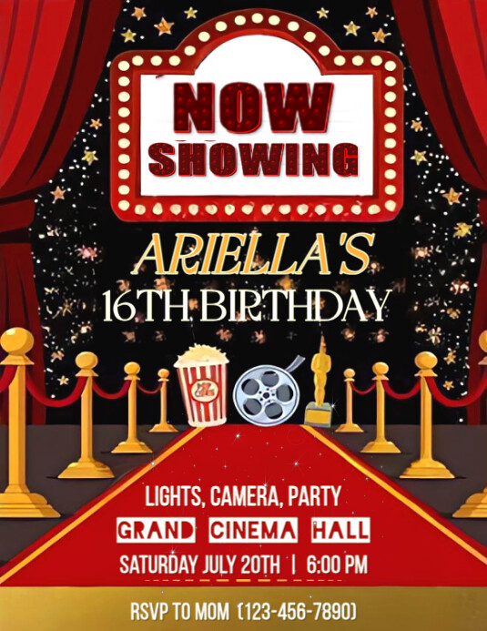 Movie Theme Sweet 16 Birthday Invitation – Red Carpet Party Flyer Pamflet (VSA Brief) template