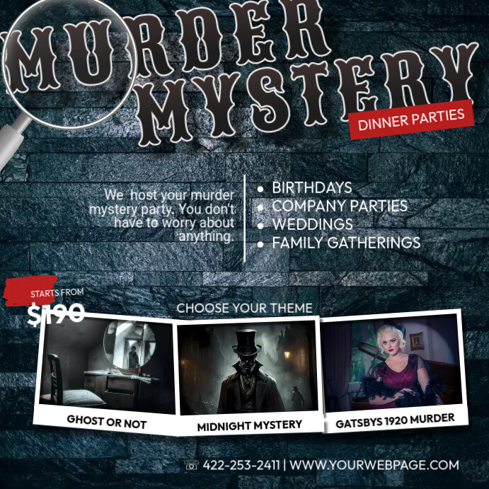 Plantilla de Murder Mystery Party Hosting Ad Template | PosterMyWall