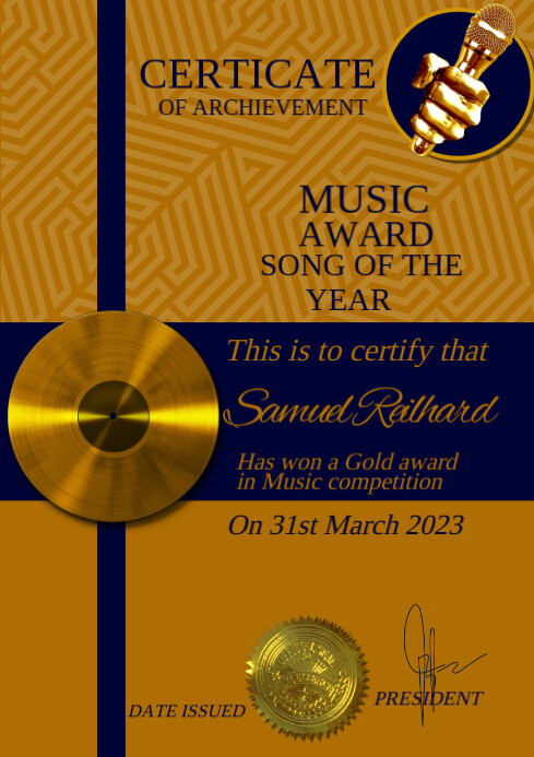 Music Award Certificate A3 template